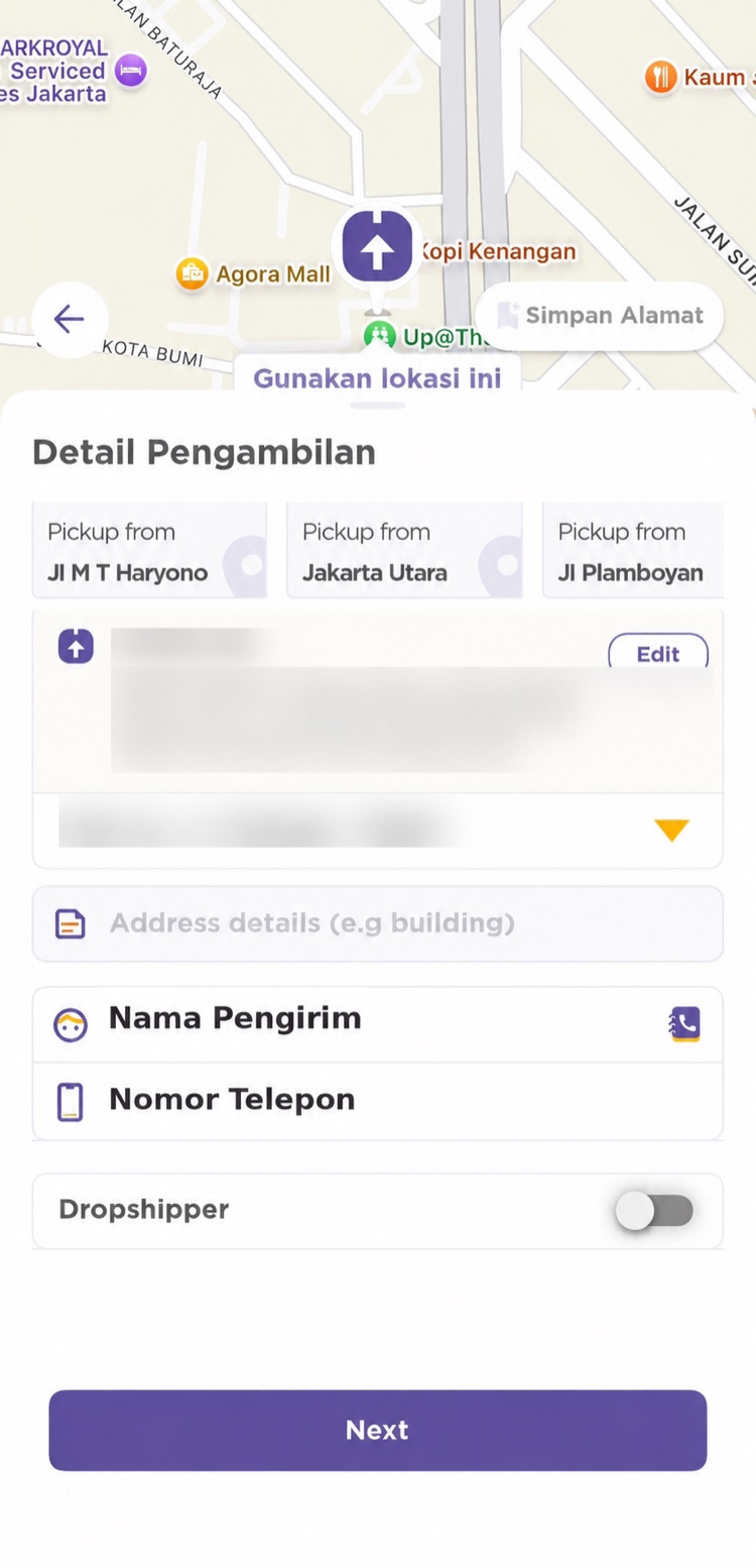 Isi detail lokasi penjemputan paket