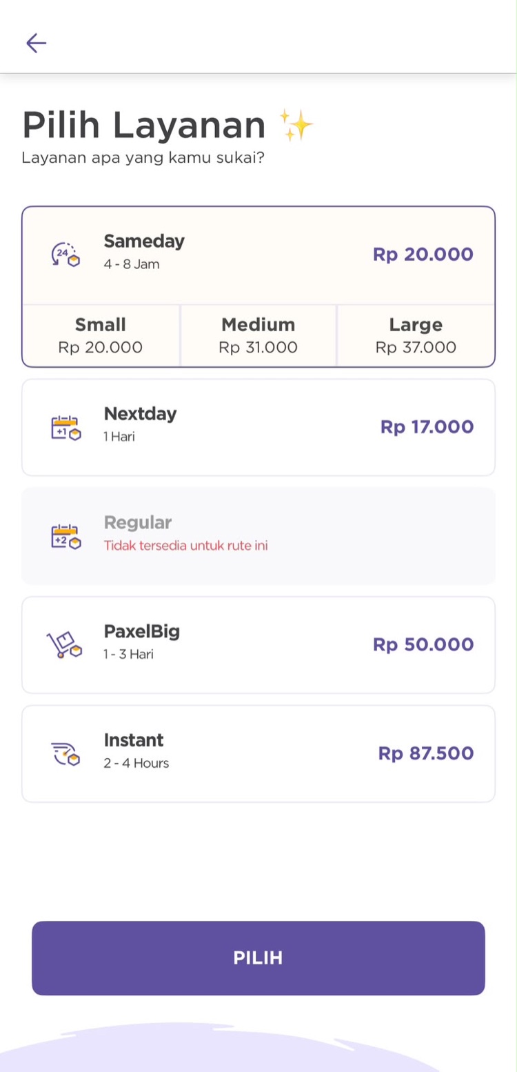 Pilih layanan Same day di aplikasi Paxel